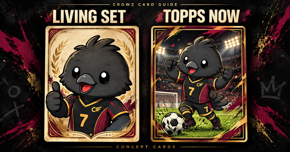 兩張烏鴉足球員概念卡：左為 Living Set 復古肖像示意，右為 Topps NOW 球場慶祝瞬間示意，非官方卡面